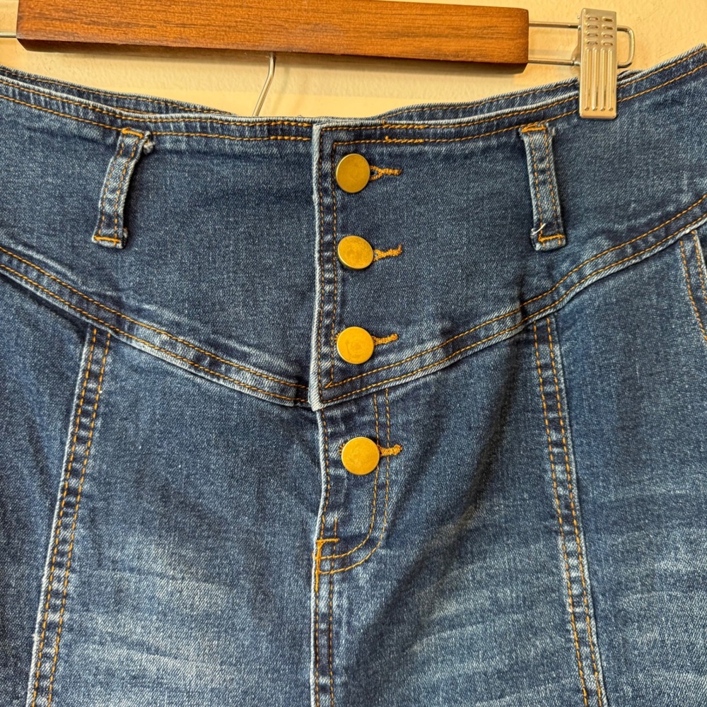 Cotton Denim Skirt M/L Blue Button Front Paneled Maxi Flared Western Boho Retro - Picture 5 of 6
